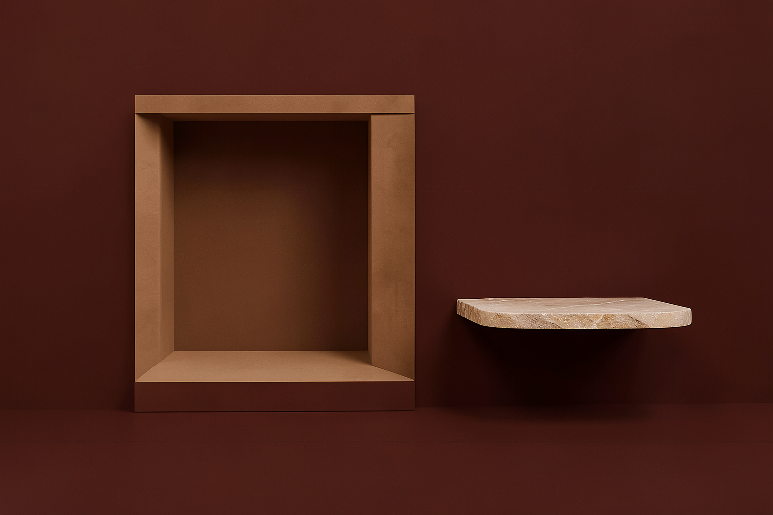 An illustrated study of an empty display space with room around it