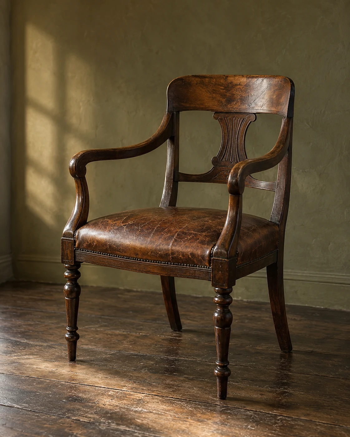 Illustrative walnut armchair with a leather seat in a warmly lit olive study.