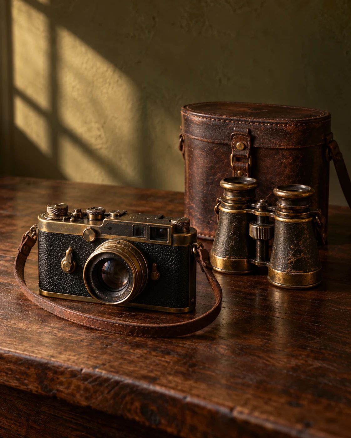 Illustrative vintage camera, brass binoculars and leather case in a warmly lit study.