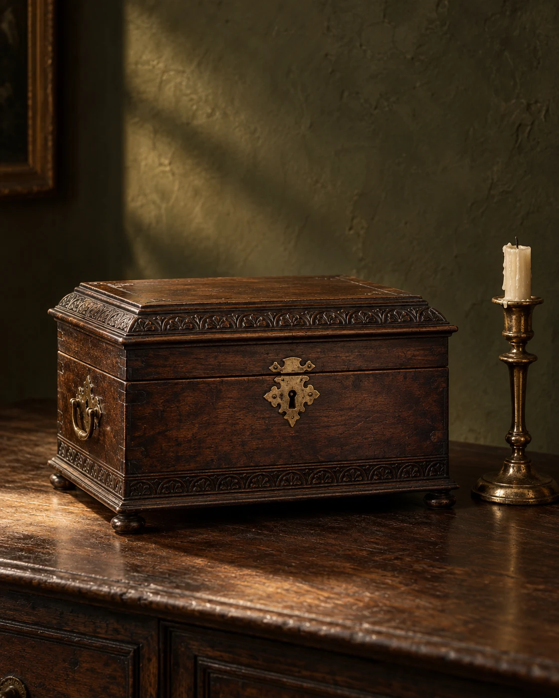 Illustrative decorative wooden box and brass candlestick on dark wood.